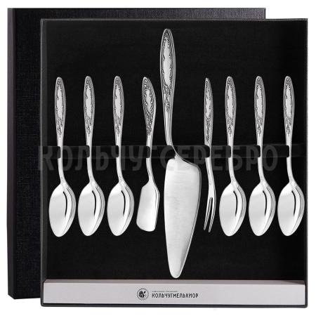 ЧАЙНЫЙ НАБОР ИЗ МЕЛЬХИОРА "ПЛАМЯ" (9 ПРЕДМЕТОВ) – КОЛЬЧУГИНСКИЙ МЕЛЬХИОР