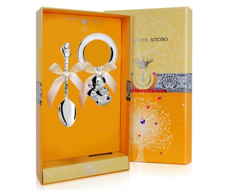 ДЕТСКИЙ НАБОР: ЛОЖКА И ПОГРЕМУШКА "УТЁНОК" №2 – АРГЕНТА