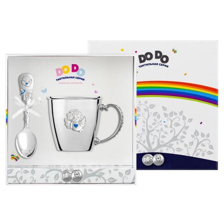 ДЕТСКАЯ КРУЖКА С ЛОЖКОЙ "АНГЕЛ" С ГОЛУБОЙ ЭМАЛЬЮ – КОЛЬЧУГИНСКИЙ МЕЛЬХИОР