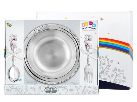 ТАРЕЛКА С ЛОЖКОЙ И ВИЛКОЙ "МИШКА" С РОЗОВОЙ ЭМАЛЬЮ – КОЛЬЧУГИНСКИЙ МЕЛЬХИОР