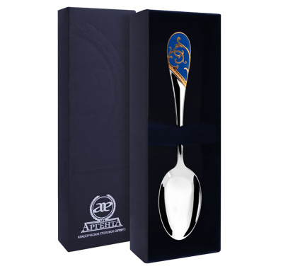 СЕРЕБРЯНАЯ ЧАЙНАЯ ЛОЖКА "КРУЖЕВНЫЕ УЗОРЫ" С ПОЗОЛОТОЙ И СИНЕЙ ЭМАЛЬЮ – АРГЕНТА