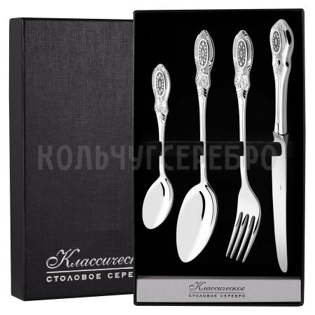 СЕРЕБРЯНЫЙ СТОЛОВЫЙ НАБОР "КУПЕЧЕСКИЙ" С ЧЕРНЕНИЕМ (4 ПРЕДМЕТА) - СЕВЕРНАЯ ЧЕРНЬ
