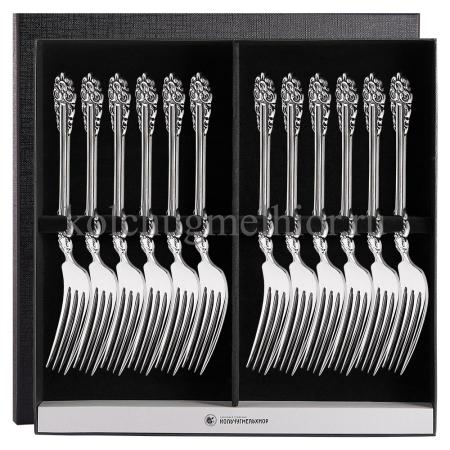 СТОЛОВЫЙ НАБОР ИЗ МЕЛЬХИОРА "ПРАЗДНИЧНЫЙ" С ЧЕРНЕНИЕМ (12 ВИЛОК) – КОЛЬЧУГИНСКИЙ МЕЛЬХИОР