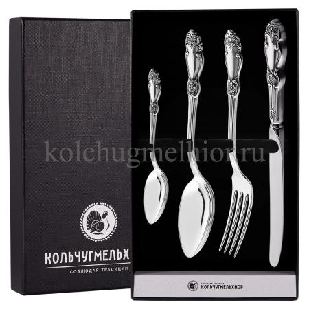 СТОЛОВЫЙ НАБОР ИЗ МЕЛЬХИОРА "РОЗА" С ЧЕРНЕНИЕМ (4 ПРЕДМЕТА) – КОЛЬЧУГИНСКИЙ МЕЛЬХИОР