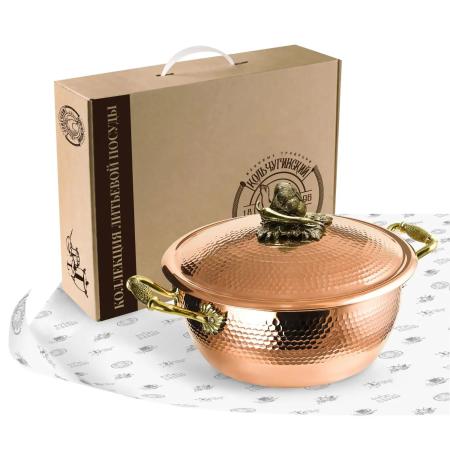 КАСТРЮЛЯ МЕДНАЯ "ЧЕСНОК" КОВАННАЯ С КРЫШКОЙ (3,5 ЛИТРА) – КОЛЬЧУГИНСКИЙ МЕЛЬХИОР