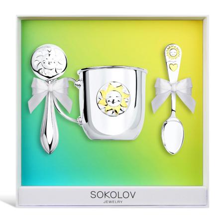ДЕТСКИЙ НАБОР "СОЛНЫШКО" С ПОЗОЛОТОЙ (КРУЖКА, ЛОЖКА, ПОГРЕМУШКА)