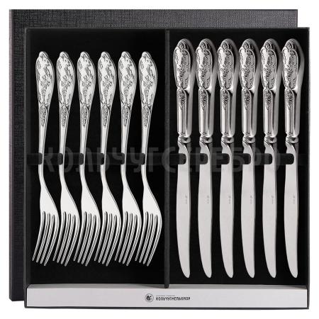 СТОЛОВЫЙ НАБОР ИЗ МЕЛЬХИОРА "ВЕСНА" С ЧЕРНЕНИЕМ (6 ВИЛОК, 6 НОЖЕЙ) – МСТЕРСКИЙ ЮВЕЛИР
