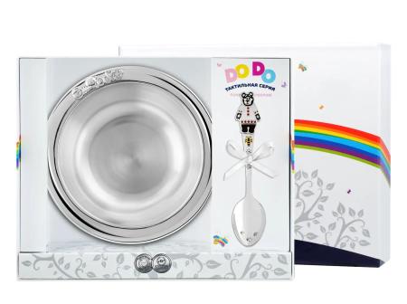 ДЕТСКАЯ ТАРЕЛКА С ЛОЖКОЙ "МИША" С ЦВЕТНОЙ ЭМАЛЬЮ – КОЛЬЧУГИНСКИЙ МЕЛЬХИОР