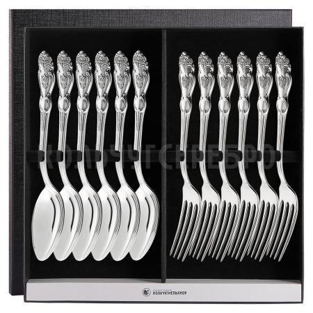 СТОЛОВЫЙ НАБОР ИЗ МЕЛЬХИОРА "ГЕРБ" С ЧЕРНЕНИЕМ (6 ВИЛОК, 6 ЛОЖЕК) – КОЛЬЧУГИНСКИЙ МЕЛЬХИОР