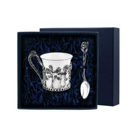 СЕРЕБРЯНАЯ КОФЕЙНАЯ ЧАШКА "РОЗАЛИЯ" С ЧЕРНЕНИЕМ И ЛОЖКОЙ – АРГЕНТА