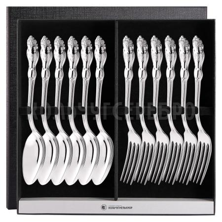 СТОЛОВЫЙ НАБОР ИЗ МЕЛЬХИОРА "ГЕРБ" (6 ВИЛОК, 6 ЛОЖЕК) – КОЛЬЧУГИНСКИЙ МЕЛЬХИОР