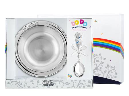 ДЕТСКАЯ ТАРЕЛКА С ЛОЖКОЙ "АНГЕЛ" С ГОЛУБОЙ ЭМАЛЬЮ – КОЛЬЧУГИНСКИЙ МЕЛЬХИОР