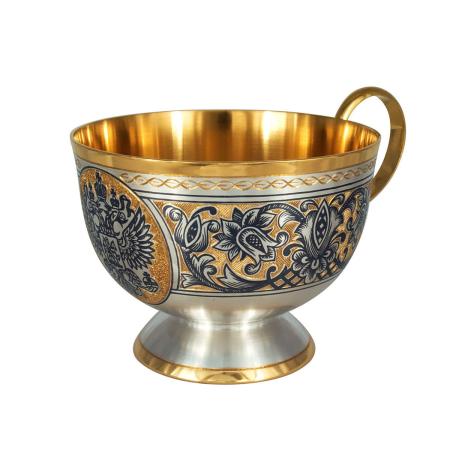 СЕРЕБРЯНАЯ ЧАЙНАЯ ЧАШКА "ГЕРБ" С ЧЕРНЕНИЕМ И ПОЗОЛОТОЙ – СЕВЕРНАЯ ЧЕРНЬ