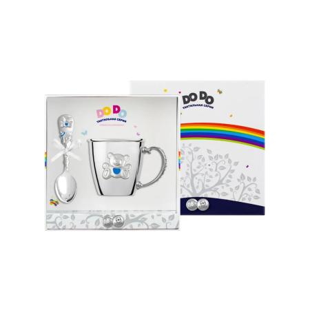 ДЕТСКАЯ КРУЖКА С ЛОЖКОЙ "МИШКА" С ГОЛУБОЙ ЭМАЛЬЮ – КОЛЬЧУГИНСКИЙ МЕЛЬХИОР