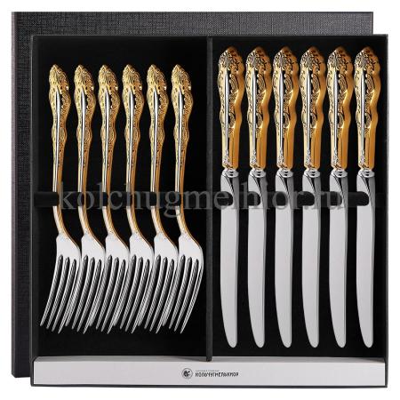 СТОЛОВЫЙ НАБОР ИЗ МЕЛЬХИОРА "ЮБИЛЕЙНЫЙ" С ПОЗОЛОТОЙ (6 ВИЛОК, 6 НОЖЕЙ) – КОЛЬЧУГИНСКИЙ МЕЛЬХИОР
