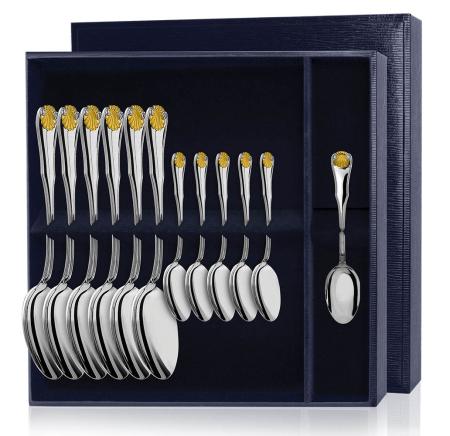 СЕРЕБРЯНЫЙ СТОЛОВЫЙ НАБОР "ВИЗИТ" С ПОЗОЛОТОЙ (6 СТОЛОВЫХ, 6 ЧАЙНЫХ) – АРГЕНТА
