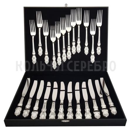 СТОЛОВЫЙ НАБОР ИЗ МЕЛЬХИОРА "ГЕРБ" С ЧЕРНЕНИЕМ (12 ВИЛОК, 12 НОЖЕЙ) – КОЛЬЧУГИНСКИЙ МЕЛЬХИОР