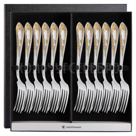 СТОЛОВЫЙ НАБОР ИЗ МЕЛЬХИОРА "ЖАСМИН" С ПОЗОЛОТОЙ (12 ВИЛОК) – КОЛЬЧУГИНСКИЙ МЕЛЬХИОР