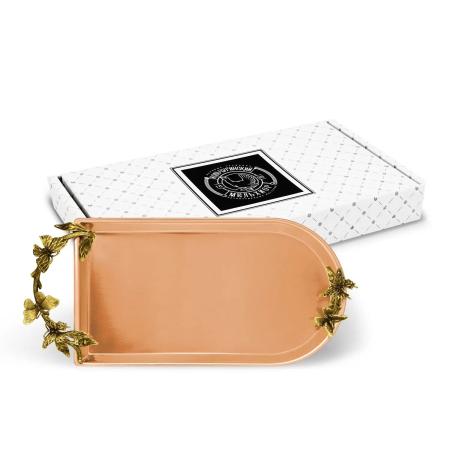 МЕДНЫЙ ПОДНОС ДЛЯ ЧАЯ С НАКЛАДКАМИ "БАБОЧКИ" – КОЛЬЧУГИНСКИЙ МЕЛЬХИОР
