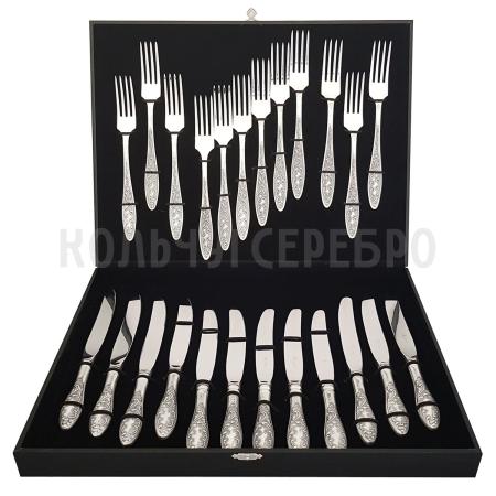 СТОЛОВЫЙ НАБОР ИЗ МЕЛЬХИОРА "МОРОЗКО" (12 ВИЛОК, 12 НОЖЕЙ) – КОЛЬЧУГИНСКИЙ МЕЛЬХИОР