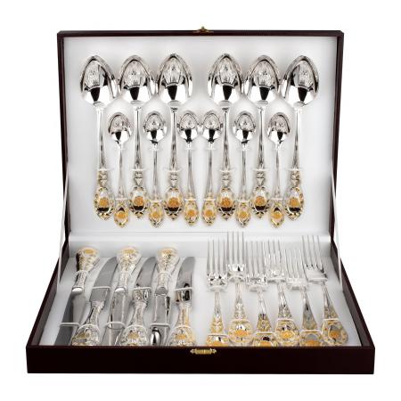 СЕРЕБРЯНЫЙ СТОЛОВЫЙ НАБОР "ГОСУДАРСТВЕННЫЙ" С ПОЗОЛОТОЙ (24 ПРЕДМЕТА) - РУССКИЕ САМОЦВЕТЫ