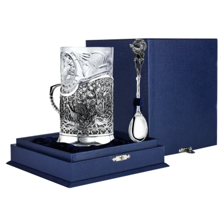 СЕРЕБРЯНЫЙ ПОДСТАКАННИК "ГЛУХАРИНАЯ ОХОТА" С ЛОЖКОЙ – АРГЕНТА