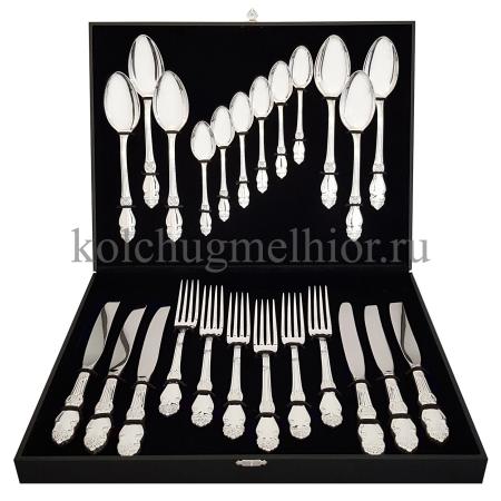 СТОЛОВЫЙ НАБОР ИЗ МЕЛЬХИОРА "РОЗА" (24 ПРЕДМЕТА) – КОЛЬЧУГИНСКИЙ МЕЛЬХИОР