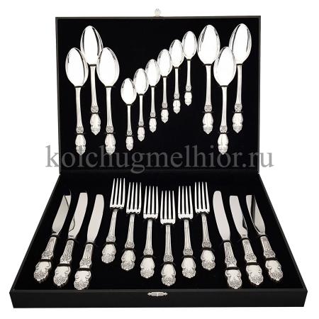 СТОЛОВЫЙ НАБОР ИЗ МЕЛЬХИОРА "РОЗА" С ЧЕРНЕНИЕМ (24 ПРЕДМЕТА) – КОЛЬЧУГИНСКИЙ МЕЛЬХИОР