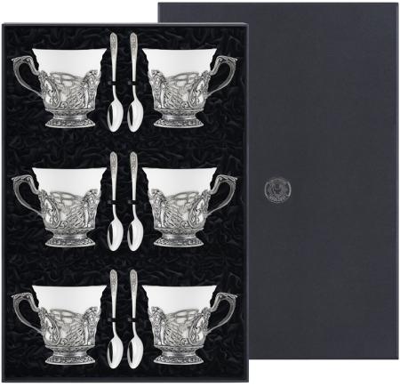 НАБОР ДЛЯ ЧАЯ "ЛЕСНАЯ ФЕЯ" С ЧЕРНЕНИЕМ (3 ПАРЫ) – КОЛЬЧУГИНСКИЙ МЕЛЬХИОР