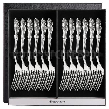 СТОЛОВЫЙ НАБОР ИЗ МЕЛЬХИОРА "ГЕРБ" С ЧЕРНЕНИЕМ (12 ВИЛОК) – КОЛЬЧУГИНСКИЙ МЕЛЬХИОР