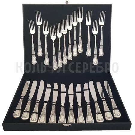 СТОЛОВЫЙ НАБОР ИЗ МЕЛЬХИОРА "ГЛОРИЯ" С ЧЕРНЕНИЕМ (12 ВИЛОК, 12 НОЖЕЙ) – МСТЕРСКИЙ ЮВЕЛИР
