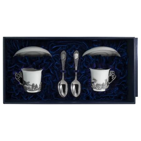 СЕРЕБРЯНАЯ КОФЕЙНАЯ ЧАШКА "ЗАЙЦЫ" С ЧЕРНЕНИЕМ С БЛЮДЦАМИ – АРГЕНТА