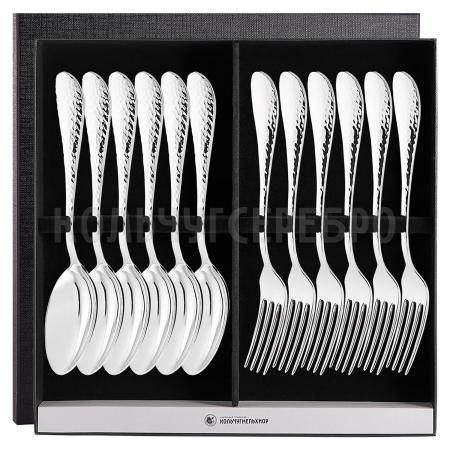 СТОЛОВЫЙ НАБОР ИЗ МЕЛЬХИОРА "КАПЕЛЬКА" КОВАННАЯ (6 ВИЛОК, 6 ЛОЖЕК) – КОЛЬЧУГИНСКИЙ МЕЛЬХИОР