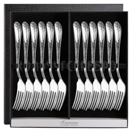 СЕРЕБРЯНЫЙ СТОЛОВЫЙ НАБОР "ИРИСЫ" М-22 С ЧЕРНЕНИЕМ (12 ВИЛОК) – ПАВЛОВСКИЙ ЗАВОД