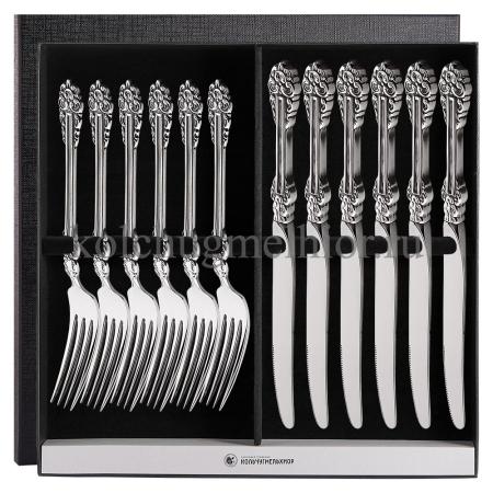 СТОЛОВЫЙ НАБОР ИЗ МЕЛЬХИОРА "ПРАЗДНИЧНЫЙ" С ЧЕРНЕНИЕМ (6 ВИЛОК, 6 НОЖЕЙ) – КОЛЬЧУГИНСКИЙ МЕЛЬХИОР