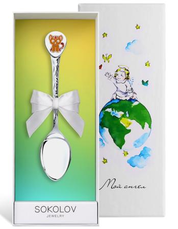СЕРЕБРЯНАЯ ДЕТСКАЯ ЛОЖКА "КОТЁНОК" С ЭМАЛЬЮ – SOKOLOV