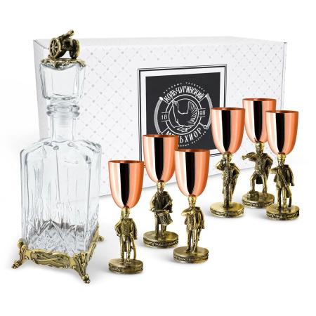 НАБОР РЮМОК "АТЫ-БАТЫ" МЕДЬ-ЛАТУНЬ 6 ШТ. + ШТОФ – КОЛЬЧУГИНСКИЙ МЕЛЬХИОР