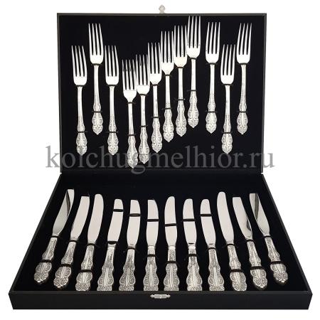 СТОЛОВЫЙ НАБОР ИЗ МЕЛЬХИОРА "ЮБИЛЕЙНЫЙ" (12 ВИЛОК, 12 НОЖЕЙ) – КОЛЬЧУГИНСКИЙ МЕЛЬХИОР