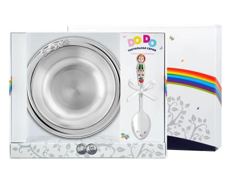 ДЕТСКАЯ ТАРЕЛКА С ЛОЖКОЙ "МАША" С ЦВЕТНОЙ ЭМАЛЬЮ – КОЛЬЧУГИНСКИЙ МЕЛЬХИОР