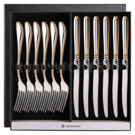 СТОЛОВЫЙ НАБОР ИЗ МЕЛЬХИОРА "КАПЕЛЬКА" С ПОЗОЛОТОЙ (6 ВИЛОК, 6 НОЖЕЙ) – КОЛЬЧУГИНСКИЙ МЕЛЬХИОР