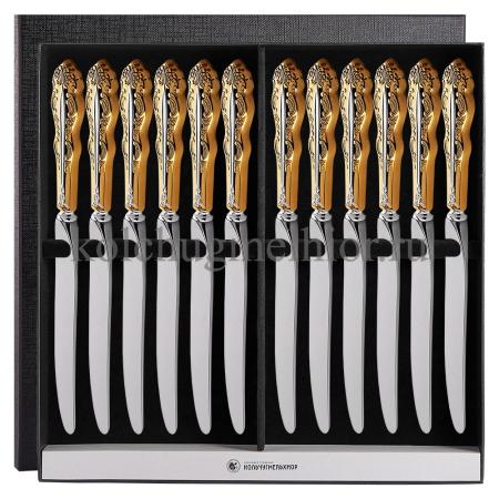 СТОЛОВЫЙ НАБОР ИЗ МЕЛЬХИОРА "ЮБИЛЕЙНЫЙ" С ПОЗОЛОТОЙ (12 НОЖЕЙ) – КОЛЬЧУГИНСКИЙ МЕЛЬХИОР