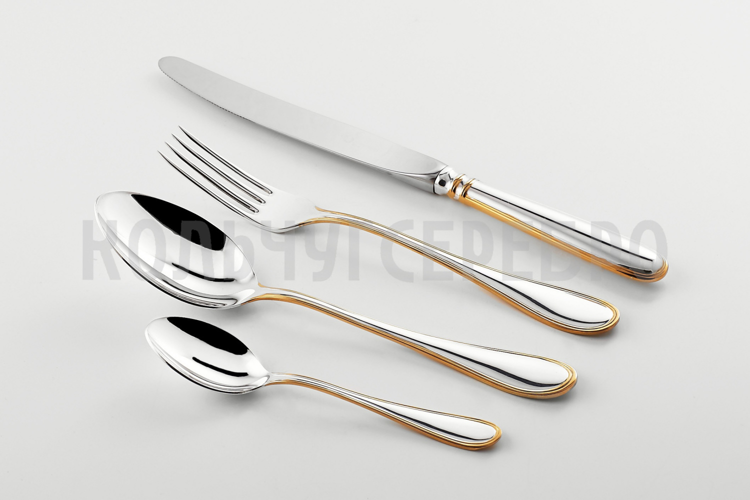 СТОЛОВЫЙ НАБОР ИЗ МЕЛЬХИОРА "КАПЕЛЬКА" С ПОЗОЛОТОЙ (48 ПРЕДМЕТОВ) – КОЛЬЧУГИНСКИЙ МЕЛЬХИОР