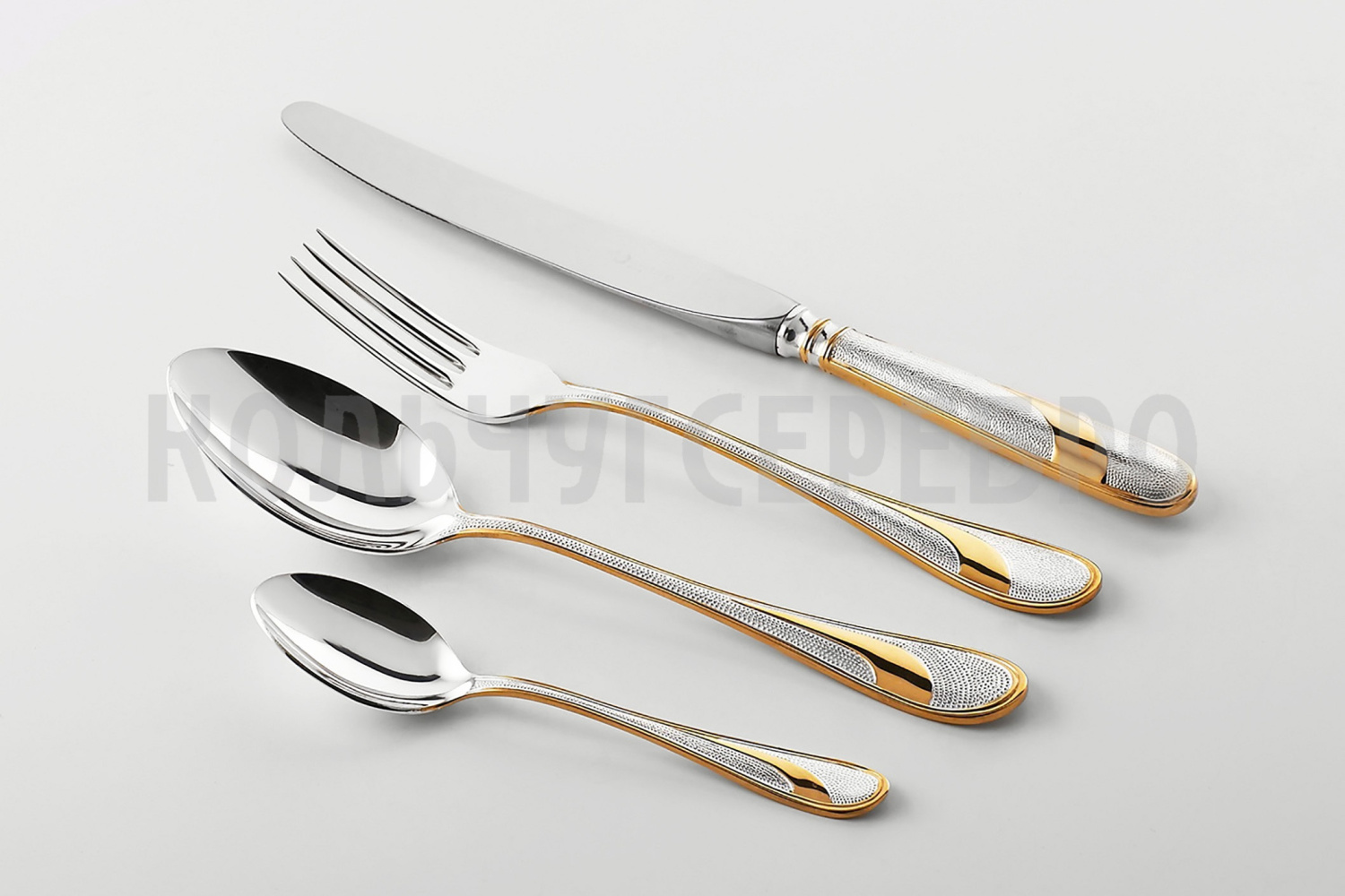 СТОЛОВЫЙ НАБОР ИЗ МЕЛЬХИОРА "МЕТЕЛИЦА" С ПОЗОЛОТОЙ (48 ПРЕДМЕТОВ) – КОЛЬЧУГИНСКИЙ МЕЛЬХИОР