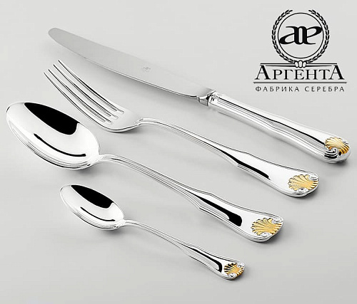 Серебряные столовые приборы купить в Москве "Визит" с позолотой