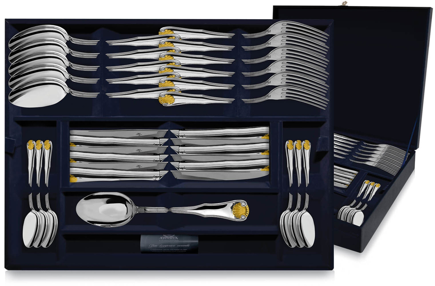 СЕРЕБРЯНЫЙ СТОЛОВЫЙ НАБОР "ВИЗИТ" С ПОЗОЛОТОЙ (48 ПРЕДМЕТОВ) – АРГЕНТА
