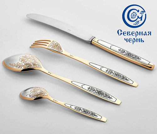 Серебряные столовые приборы купить в Москве "Астра" с позолотой
