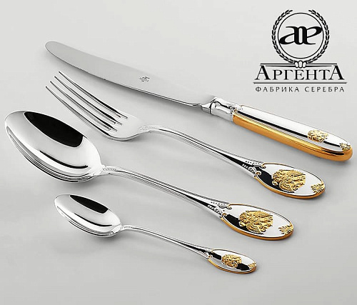 Серебряные столовые приборы купить в Москве "Единство" с позолотой
