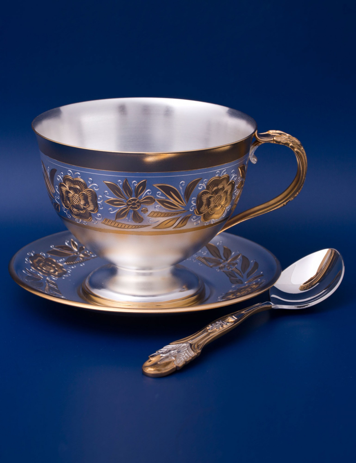 СЕРЕБРЯНАЯ ЧАЙНЫЙ НАБОР "№3" С ПОЗОЛОТОЙ – МСТЁРСКИЙ ЮВЕЛИР