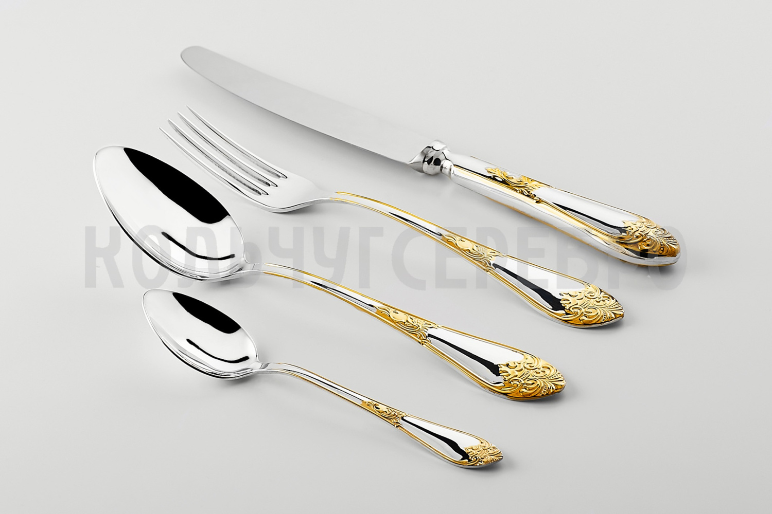 СЕРЕБРЯНЫЙ СТОЛОВЫЙ НАБОР "ДВОРЦОВЫЙ" С ПОЗОЛОТОЙ М-17 (48 ПРЕДМЕТОВ)