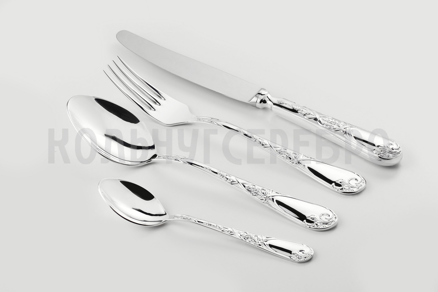 СЕРЕБРЯНЫЙ СТОЛОВЫЙ НАБОР "ИРИСЫ" М-22 (24 ПРЕДМЕТА) – ПАВЛОВСКИЙ ЗАВОД